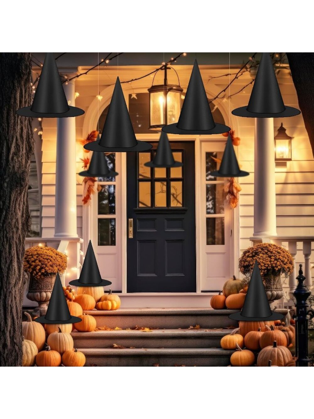 24 PCS Halloween Witch Hats Black Hanging Witch Hats Porch Yard Decor FT Nylon